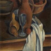Still life with earthenware jug and white napkin