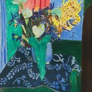 Arum, irises and mimosa (Blue vase with flowers on a blue tablecloth)